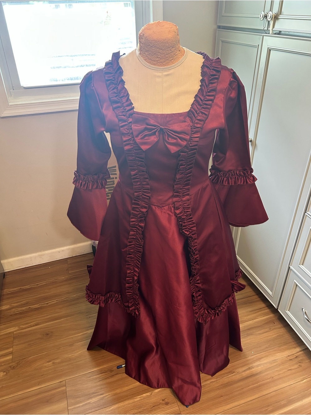 Vintage Inspired Victorian Burgundy Ruffle Gown with Bows Size Sm